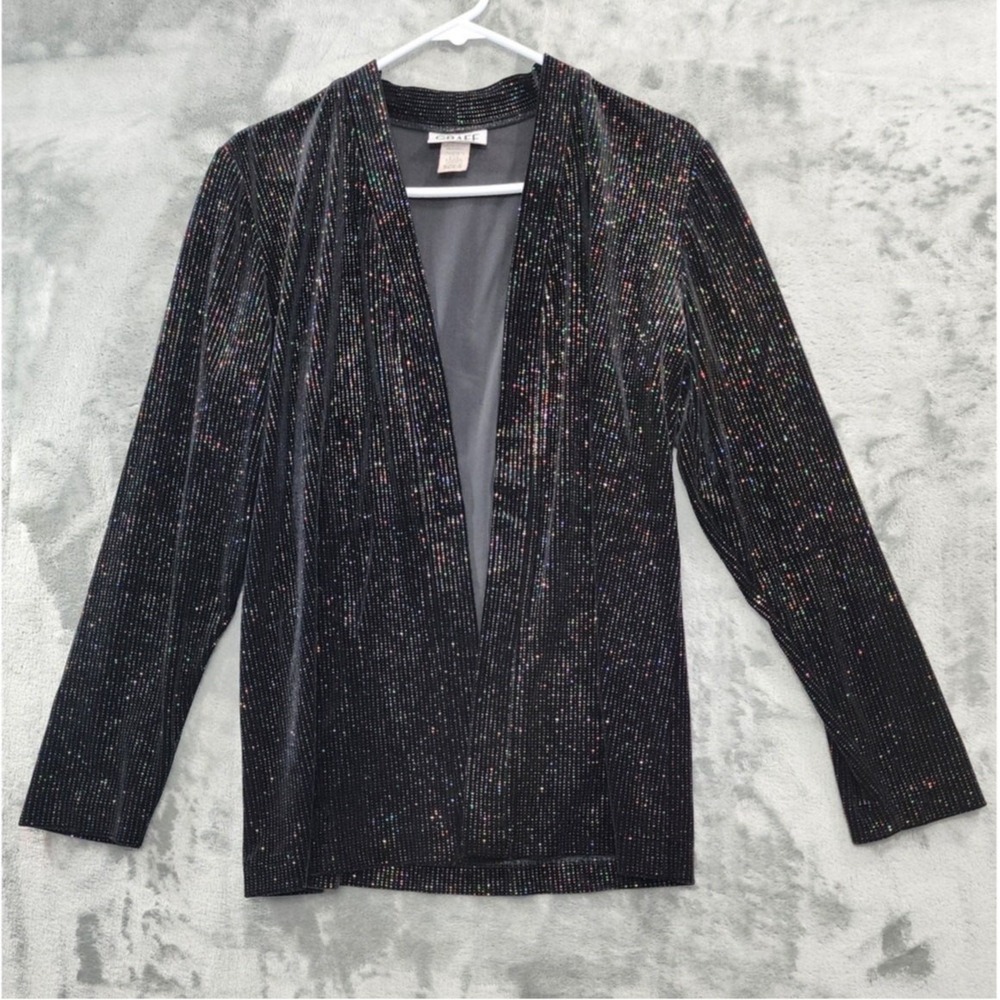 Vintage Graff Cardigan Womens S Black‎ Rainbow Glitter Velvet Open Front Formal